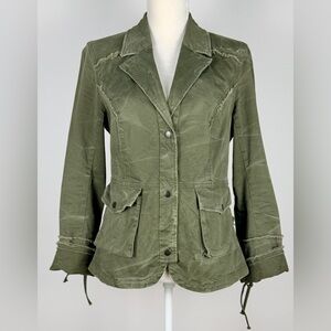 Free People Women’s Jacket Green Twill Size M Military Ruffle Back Laced Sleeves